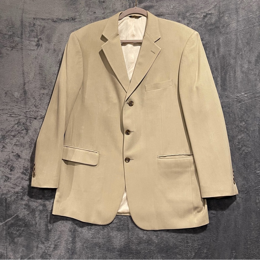 Bill Blass Classic 100% Silk Tan Blazer Men’s 48 Regular Herringbone Lined